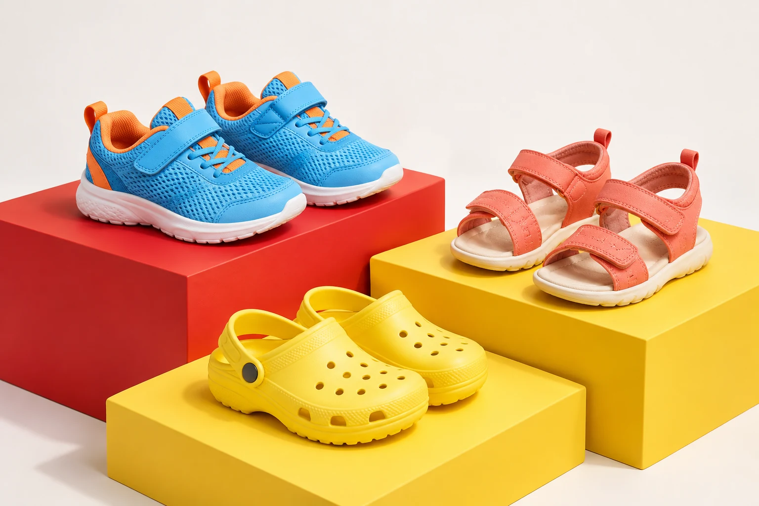 Colourful children’s trainers, sandals and clogs arranged in a footwear studio still life